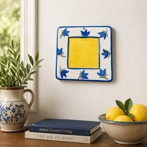 Inspirado Hand Painted Ceramic Wall Plaque Blue Yellow Floral Square Decor